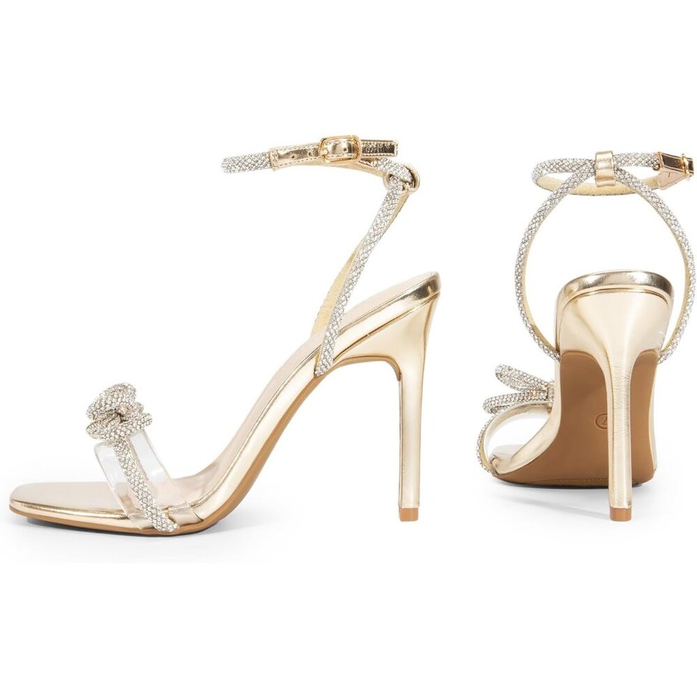Women's Gold-pu Double Bow Knots Crystal Sandals Clear Square Slingback Heels - Picture 6 of 7